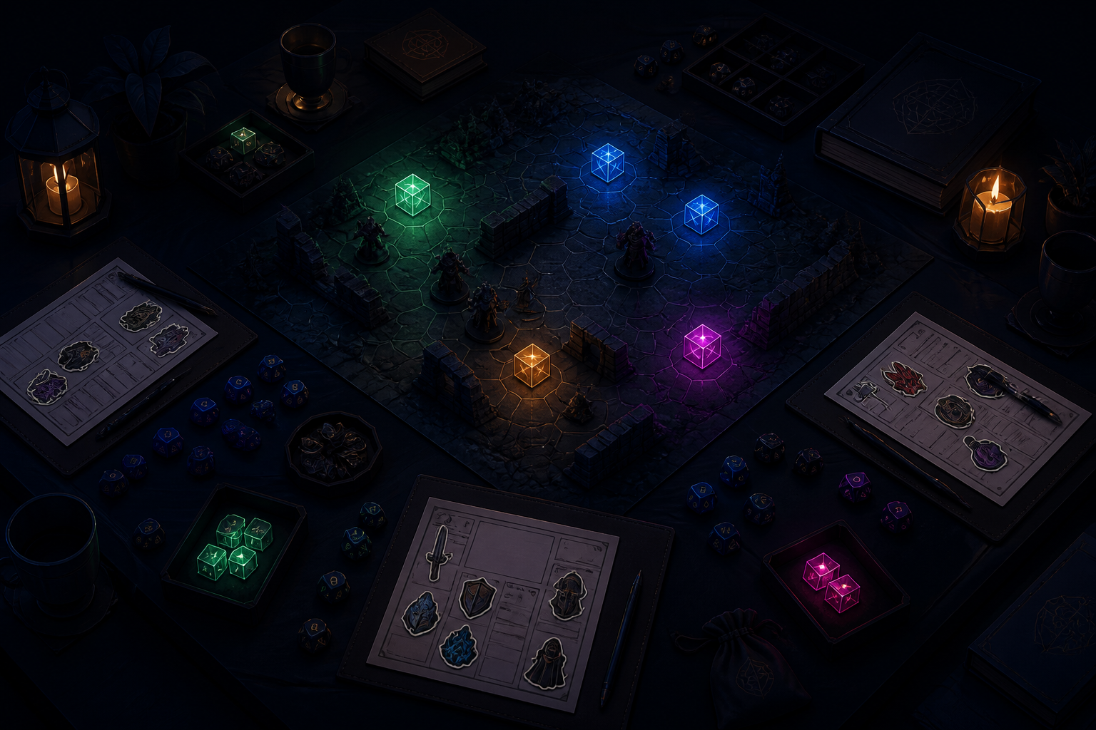 Isometric illustration of an Infinite Realms tabletop session: hex-grid battle map, glowing energy cubes, character sheets with sticker tokens, and dice